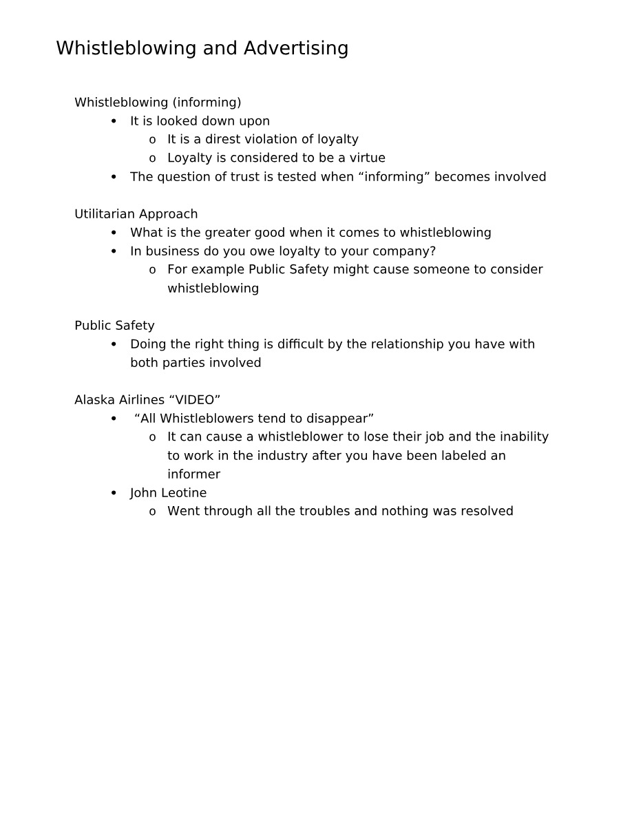 Employee Rights and Ethical Theories - Whistleblowing and Advertising Notes