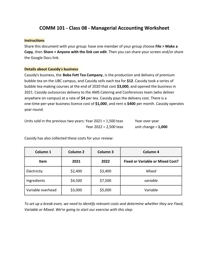 Managerial Accounting Worksheet - Break-Even and Profit Analysis