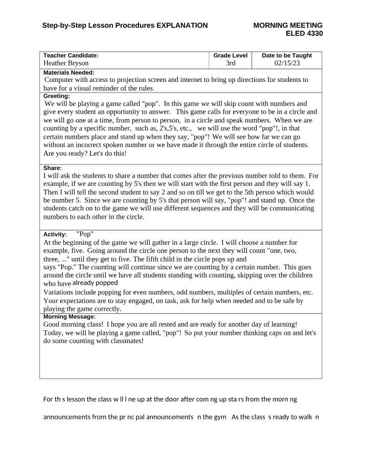 Lesson Procedures for Morning Meeting Game