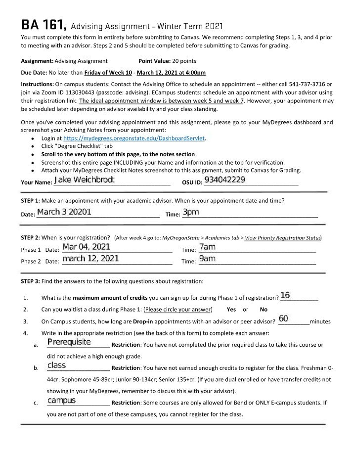 Winter Term 2021 Advising Assignment