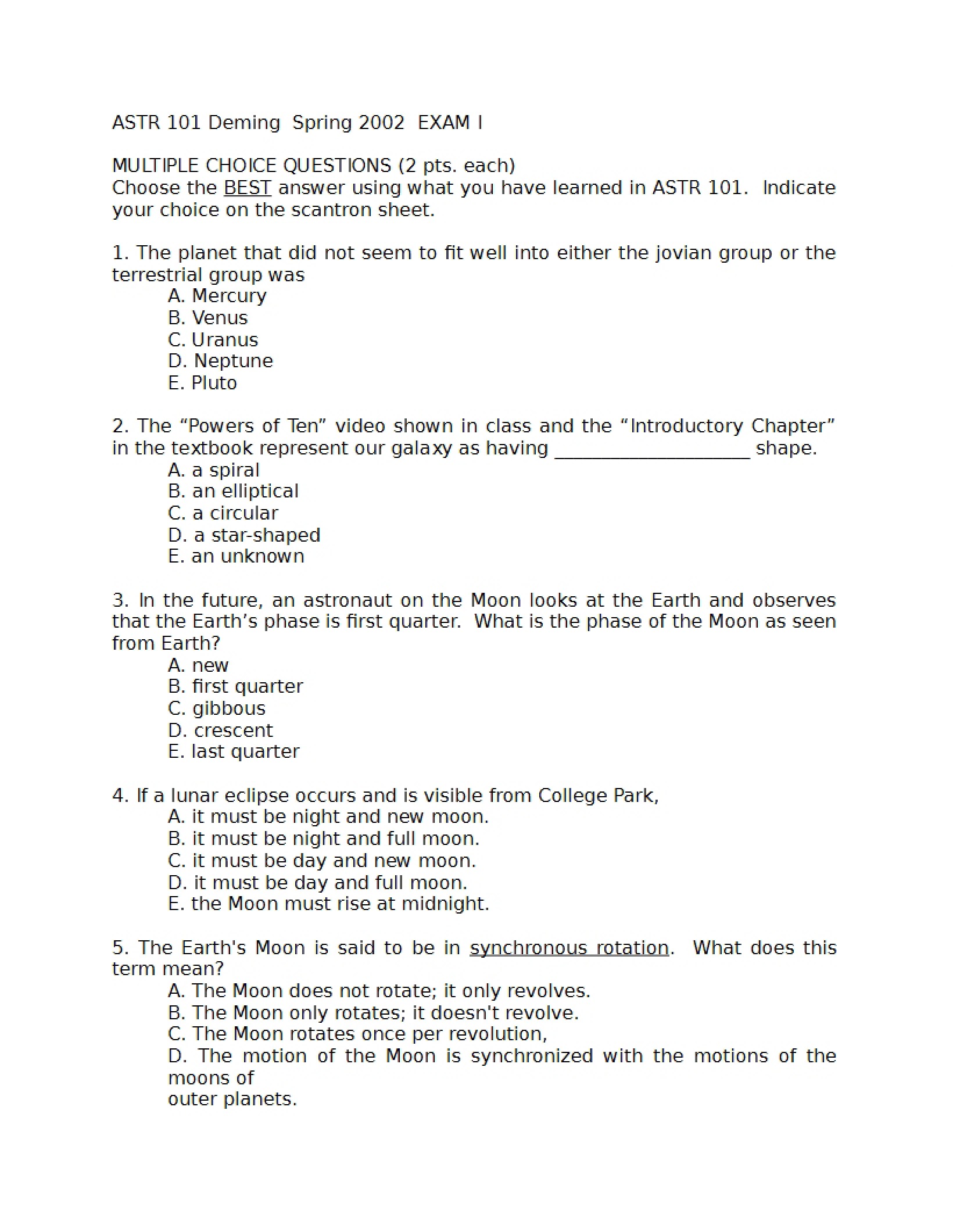 First Astronomy Exam