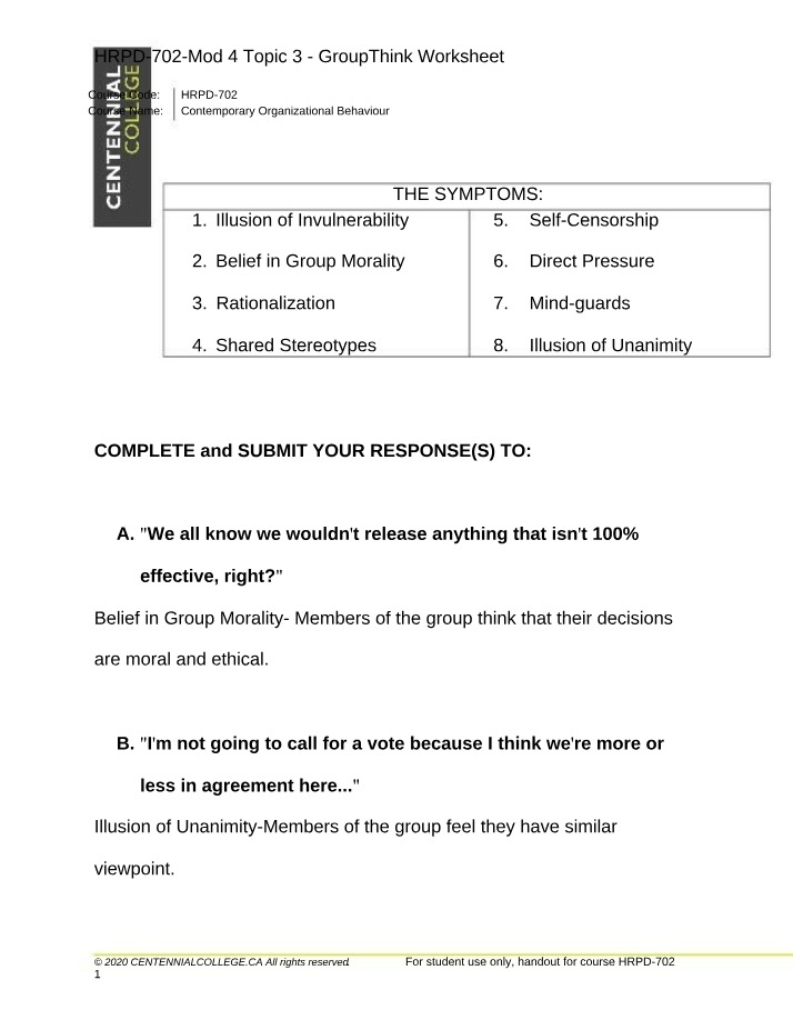 Worksheet on GroupThink