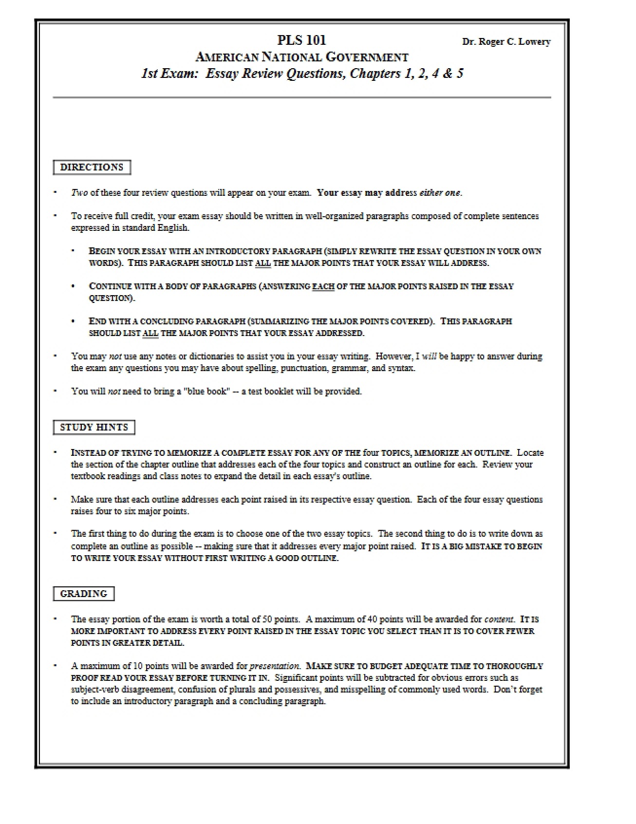 Review Questions for Essay