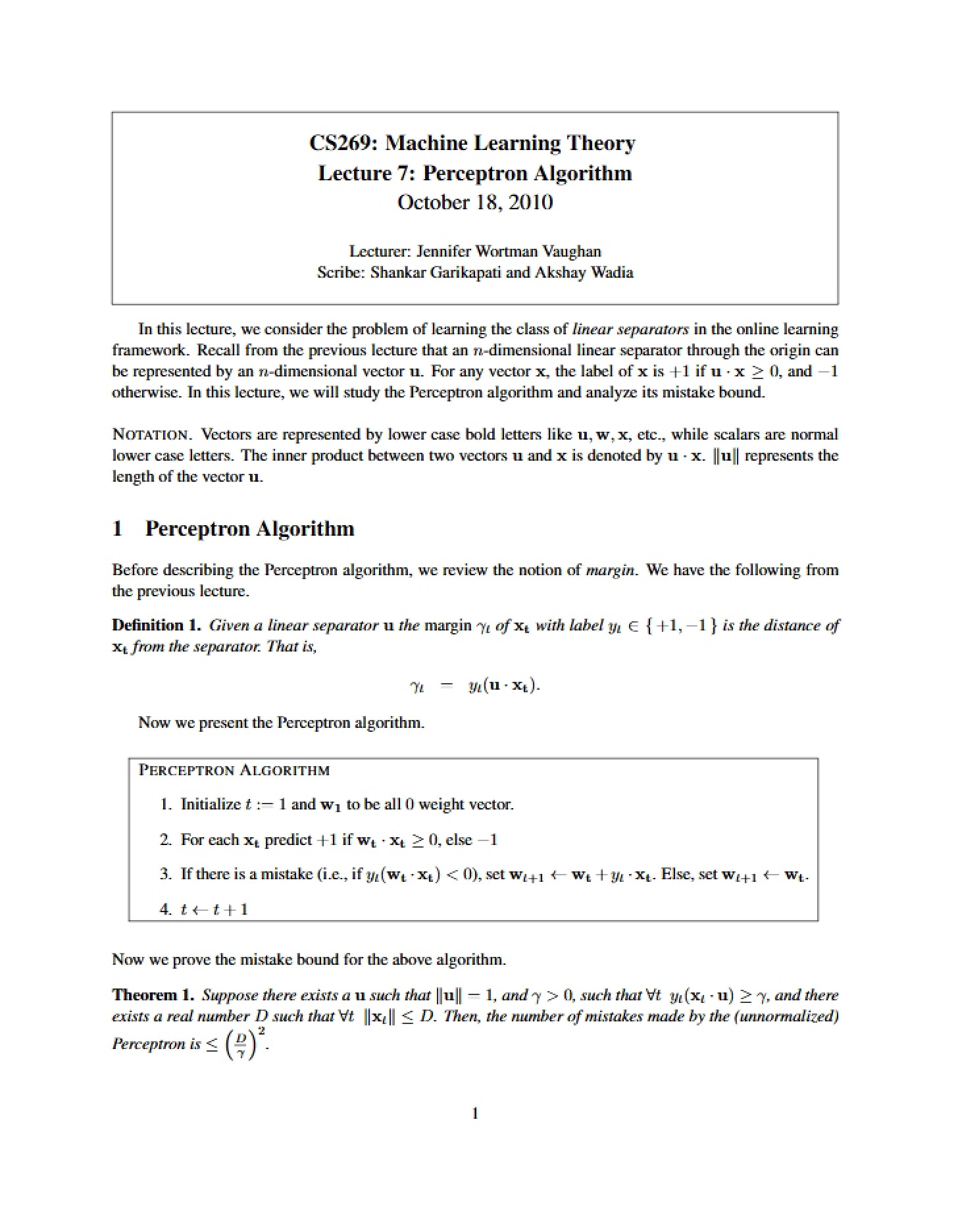 Algorithm of the Perceptron