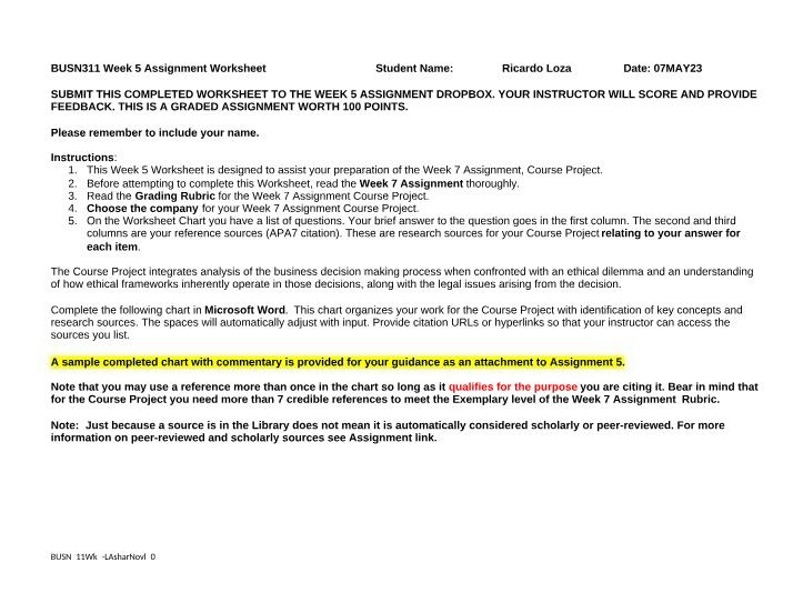 Week 5 Assignment Worksheet - BUSN311