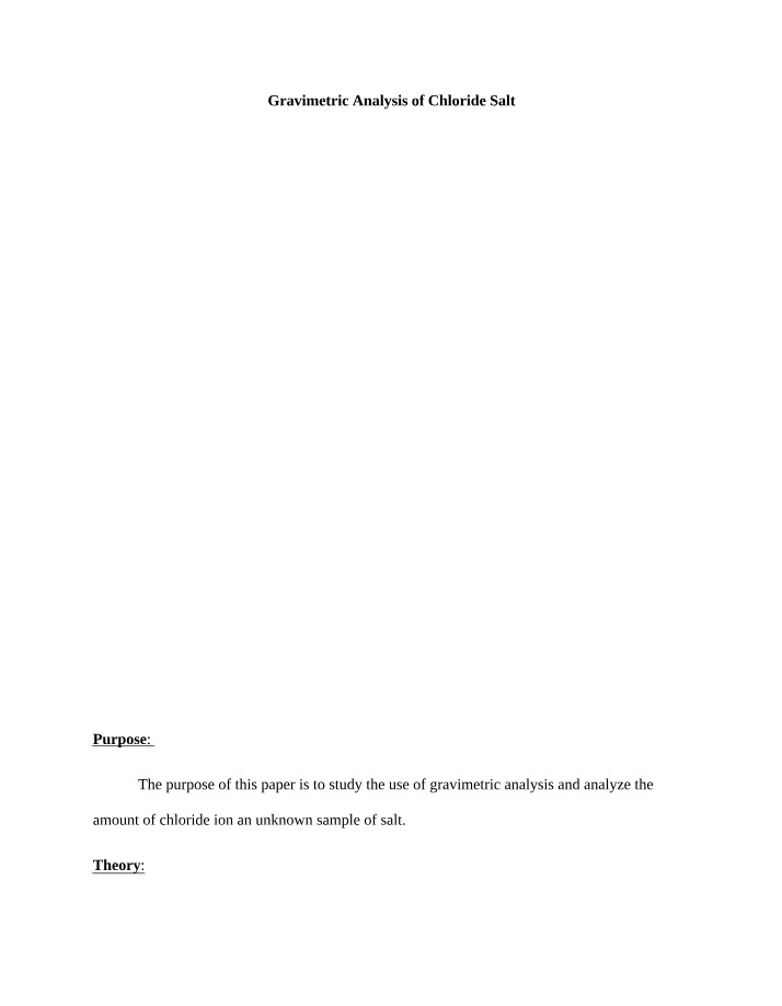 Gravimetric Analysis of Chloride Salt