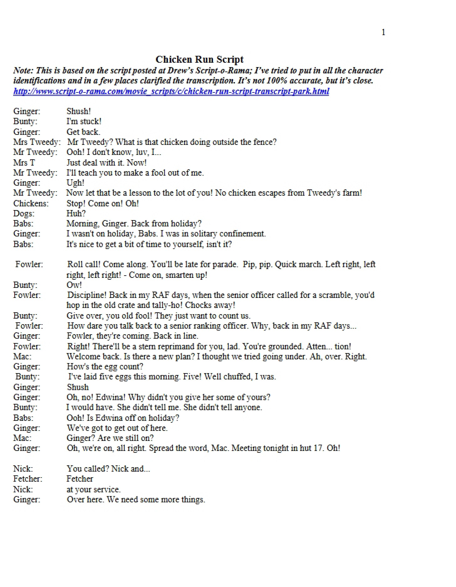 Script for Chicken Run