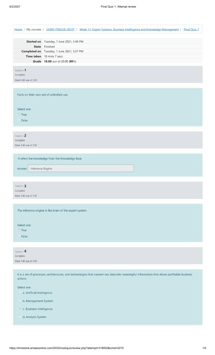 Quiz 1 Review - Knowledge Management, Business Intelligence, and Expert Systems