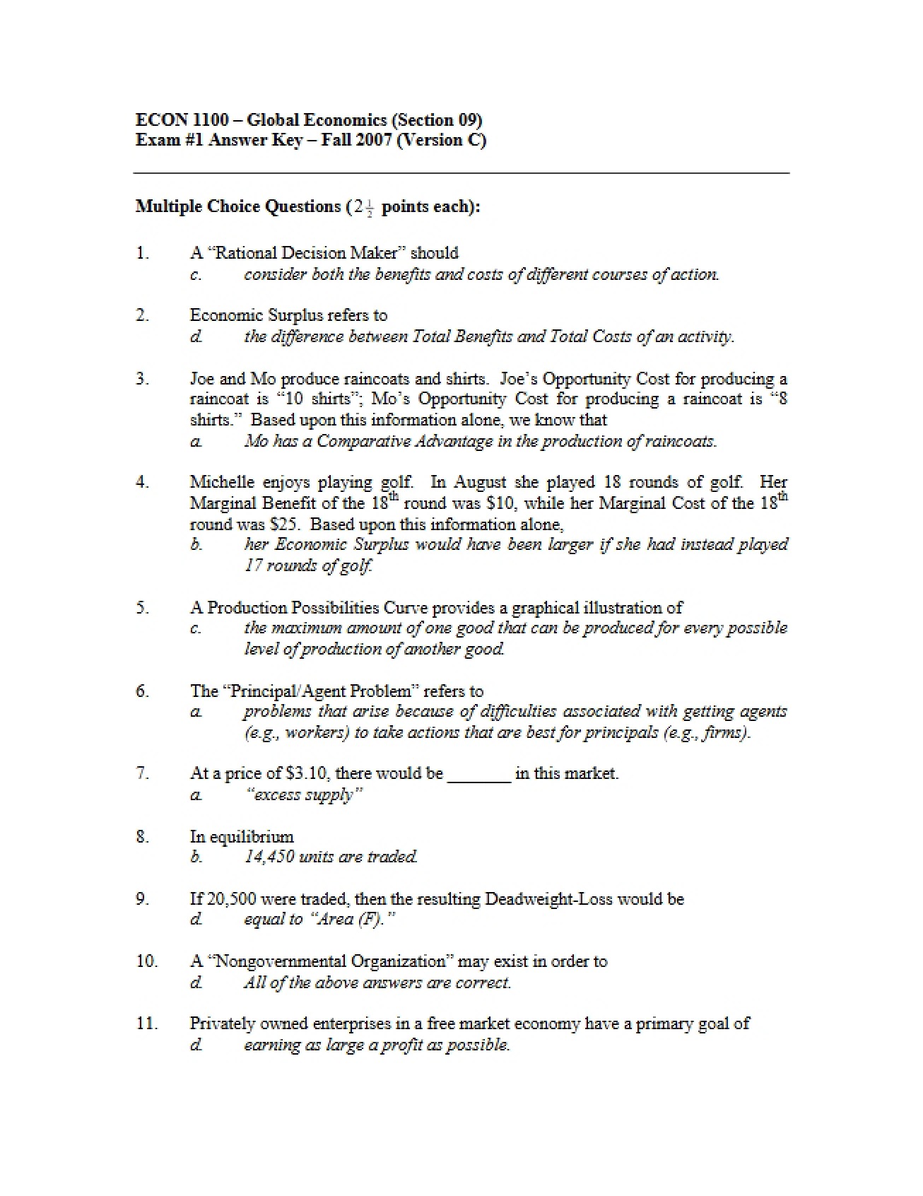 ECON 1100 Midterm Exam Part I