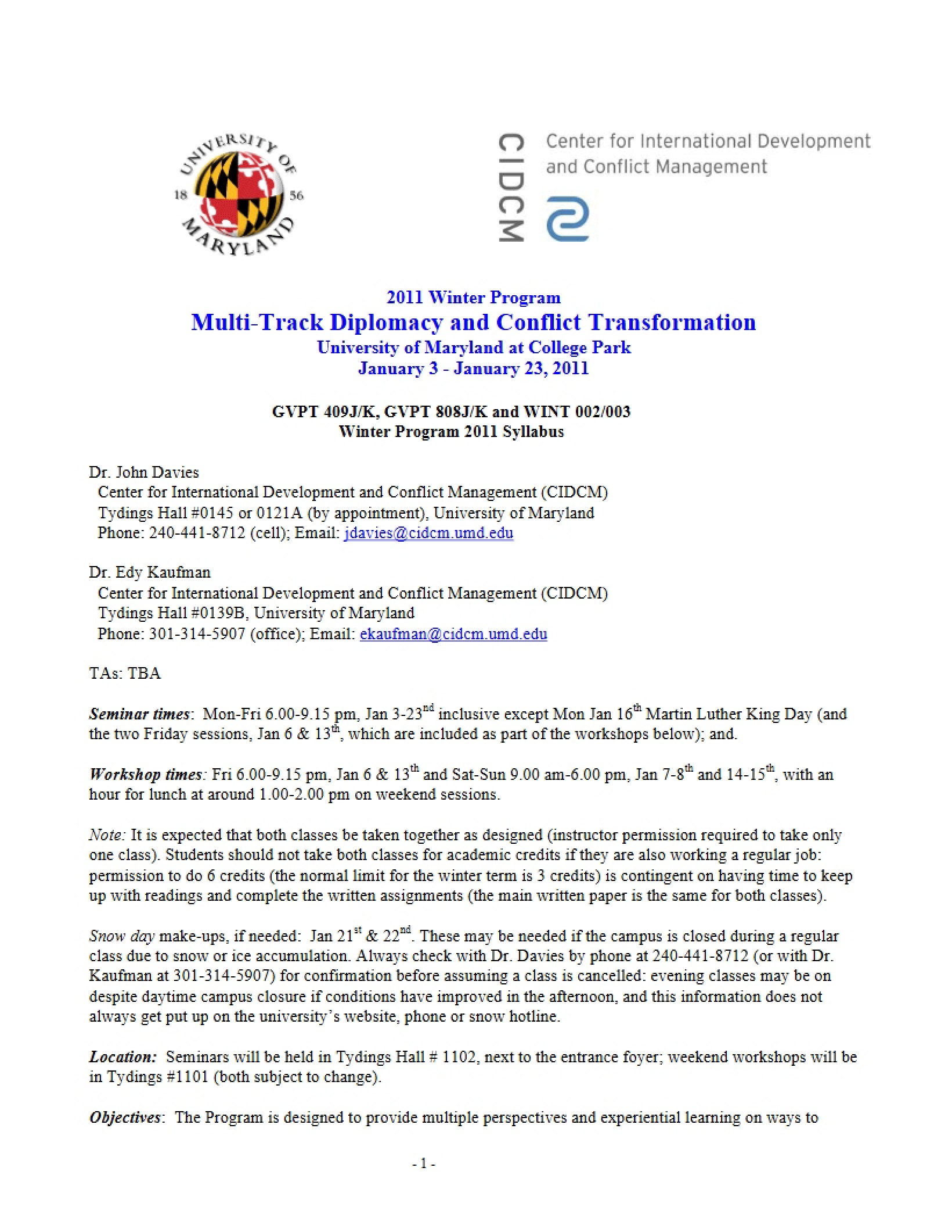 Conflict Transformation Course Outline
