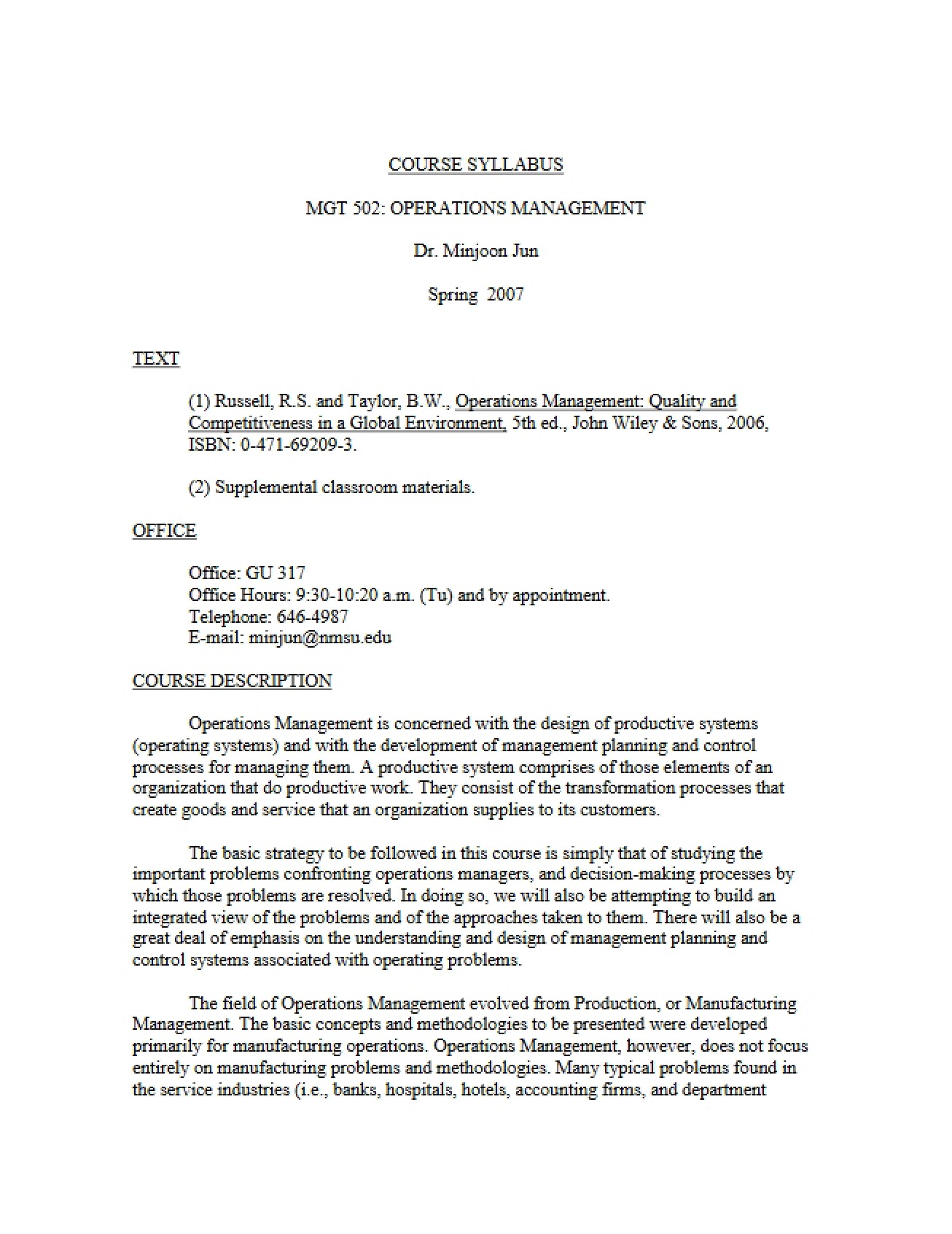 Operations Management (LANL) Syllabus - Spring 2007 - Jun