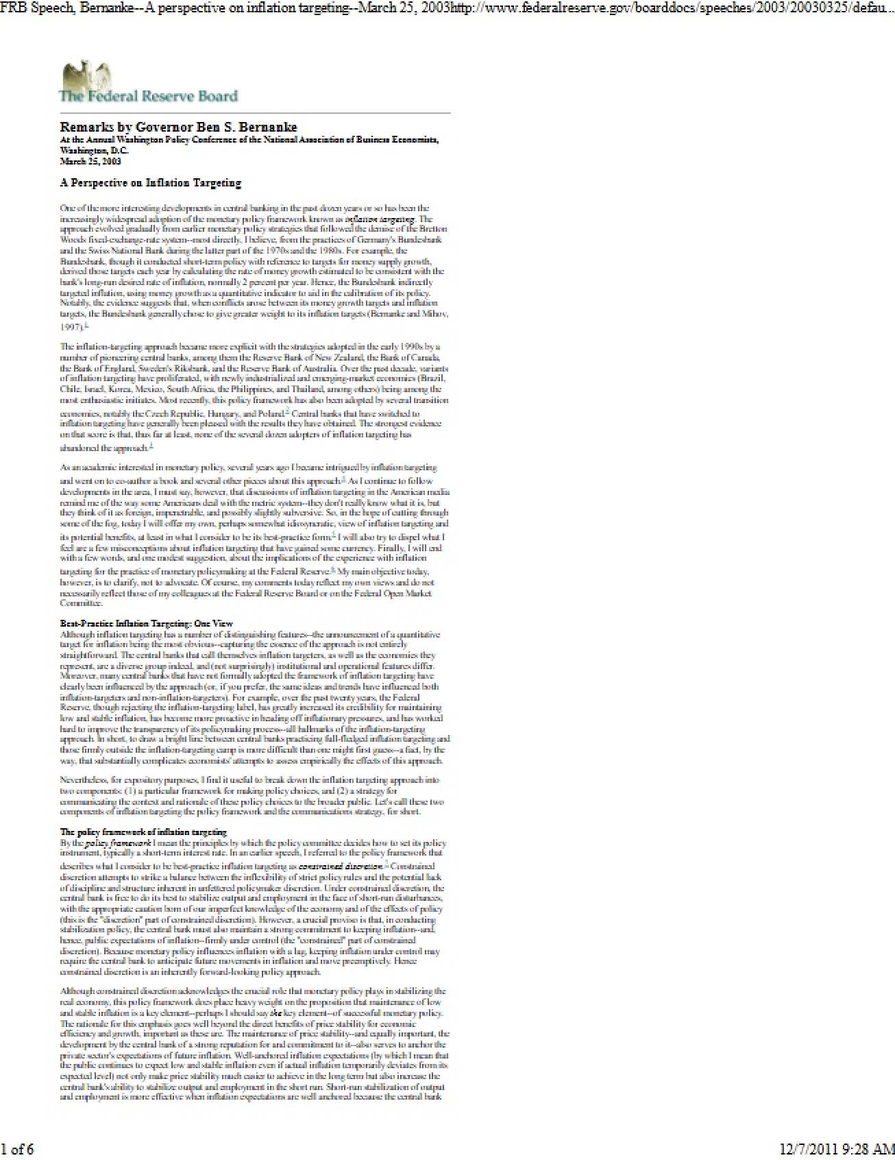 Viewpoint on Inflation Targeting Policies