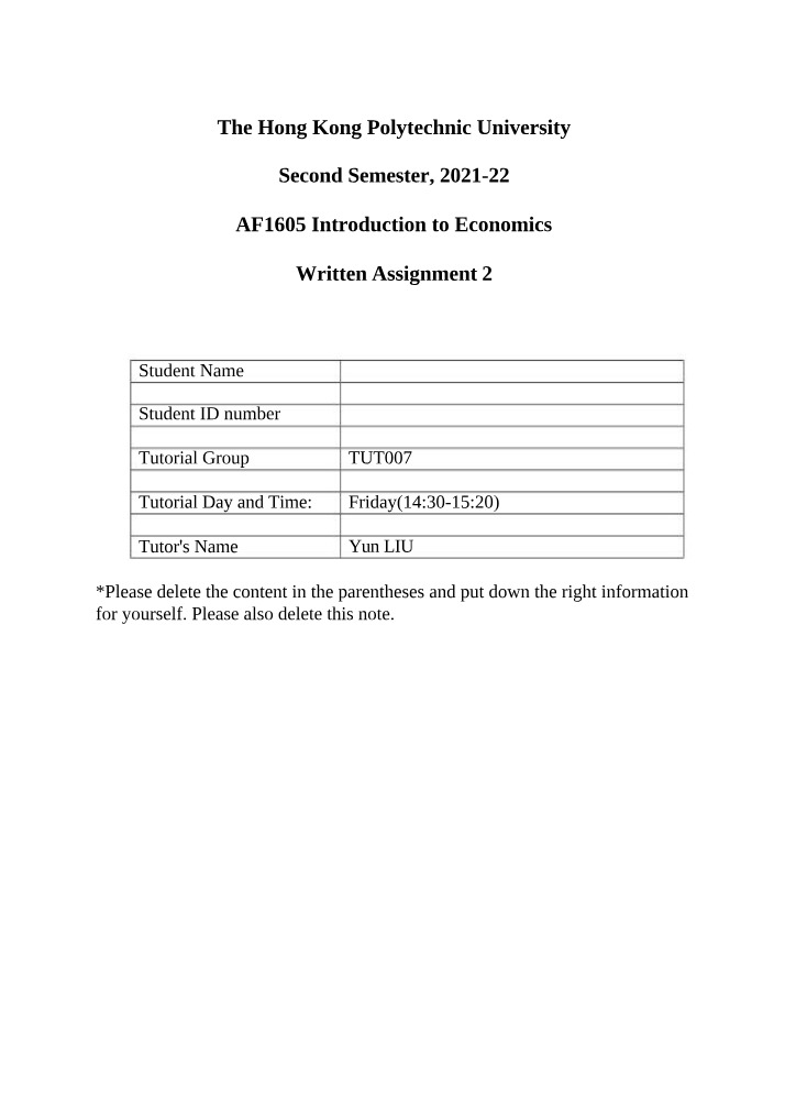 Written Assignment 2 for Introduction to Economics