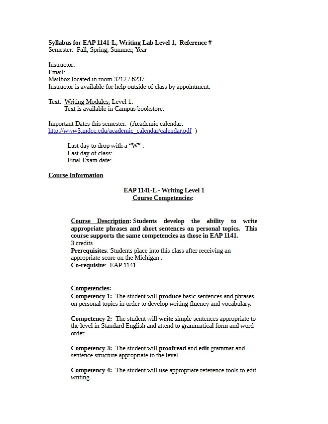 Writing Level I Lab Syllabus