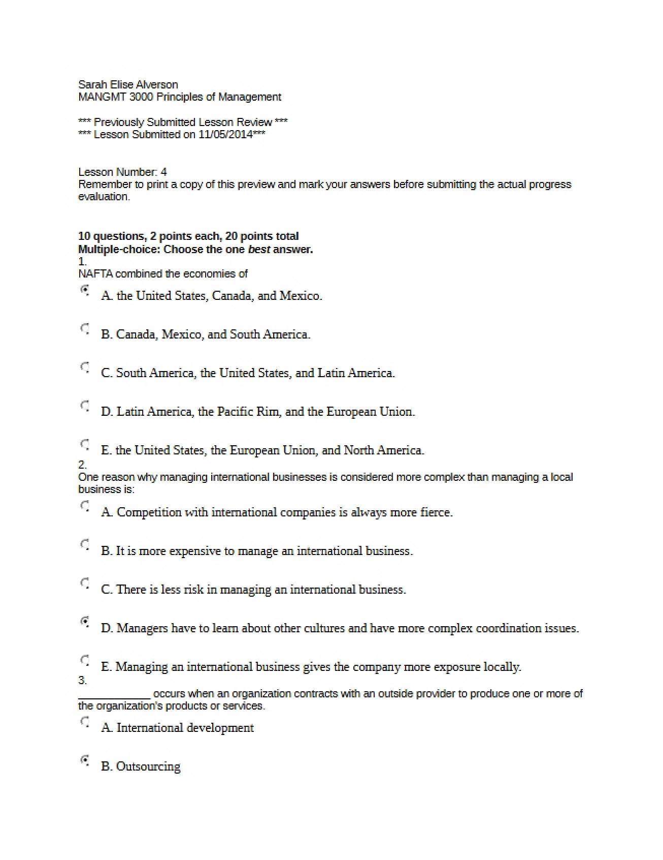 Chapter 4 Management Quiz