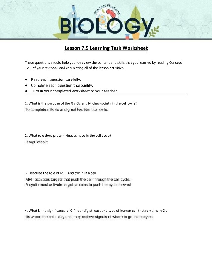 Worksheet for Lesson 7.5 Learning Task