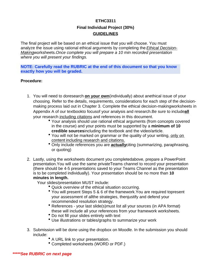 Rubric and Guidelines for Final Individual Project
