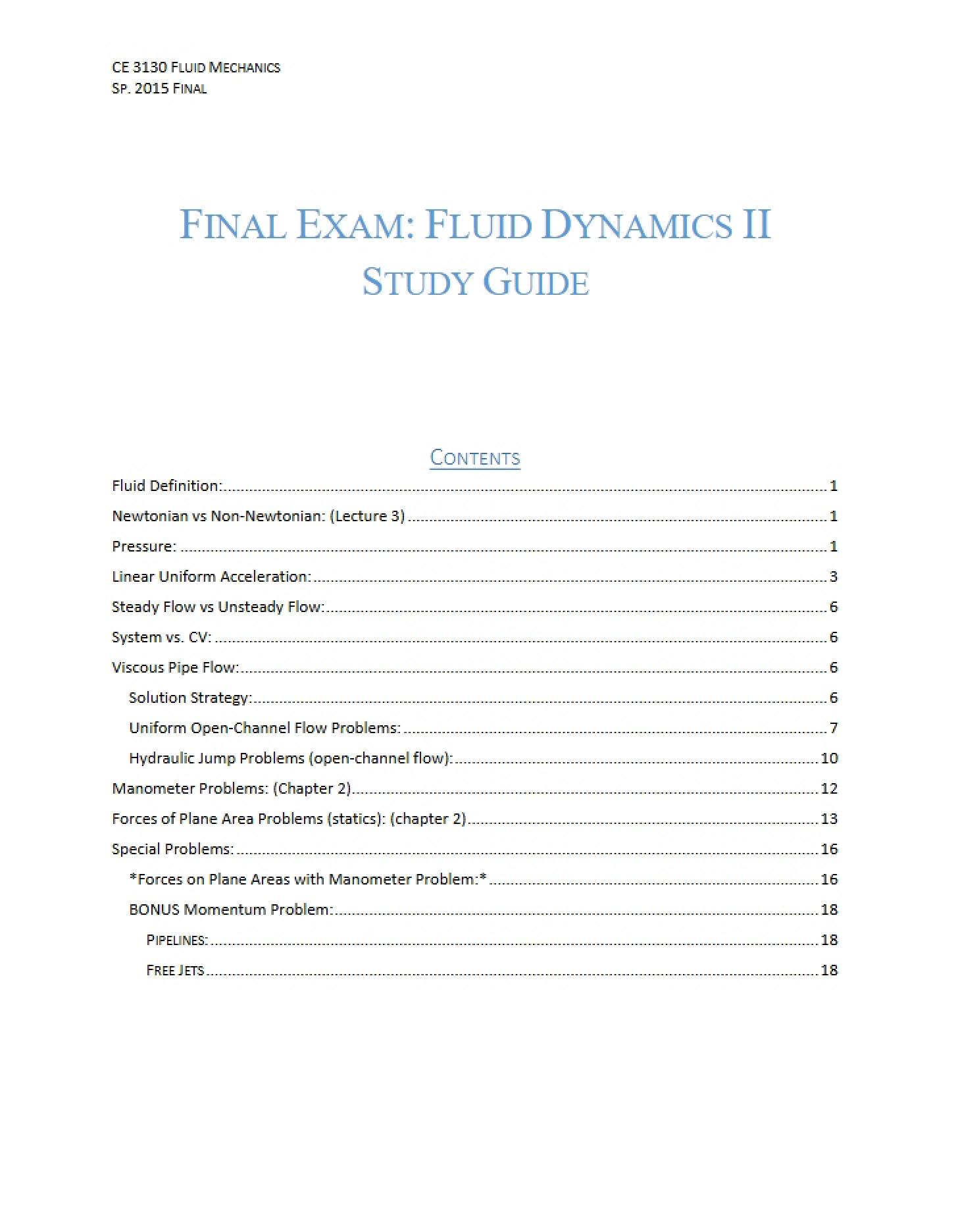 Study Guide Fluid Dynamics II Final Exam