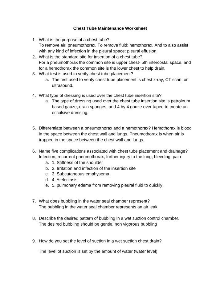 Worksheet on Chest Tube Maintenance