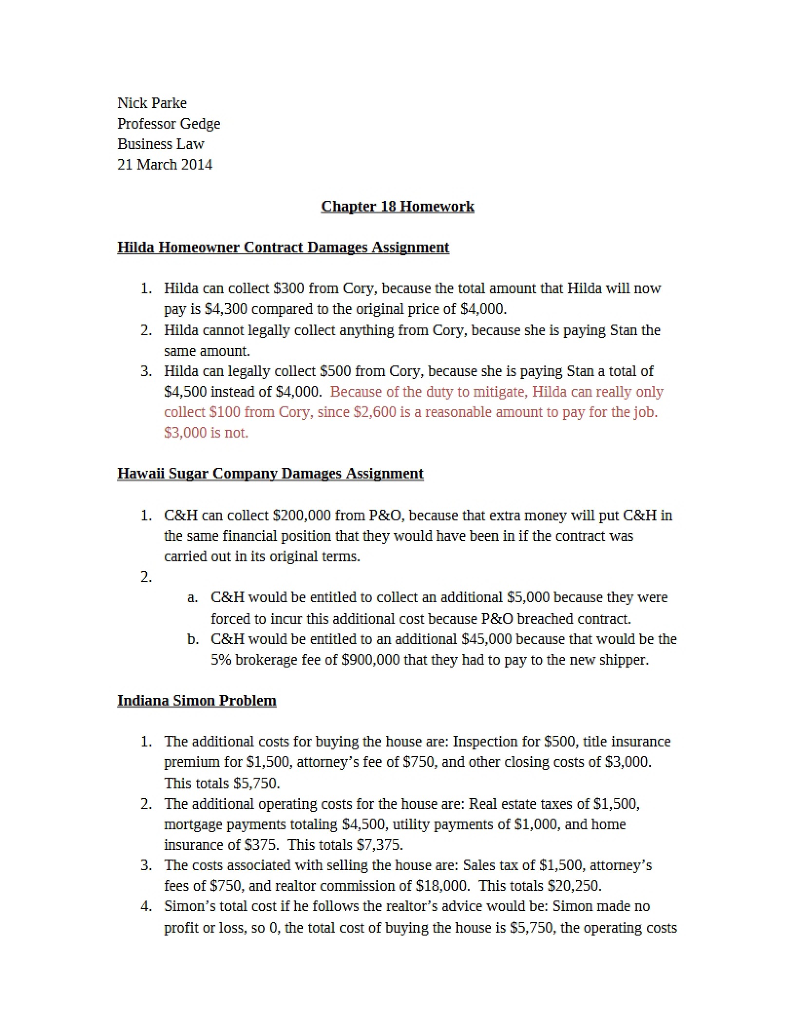 Homework Assignment Chapter 18
