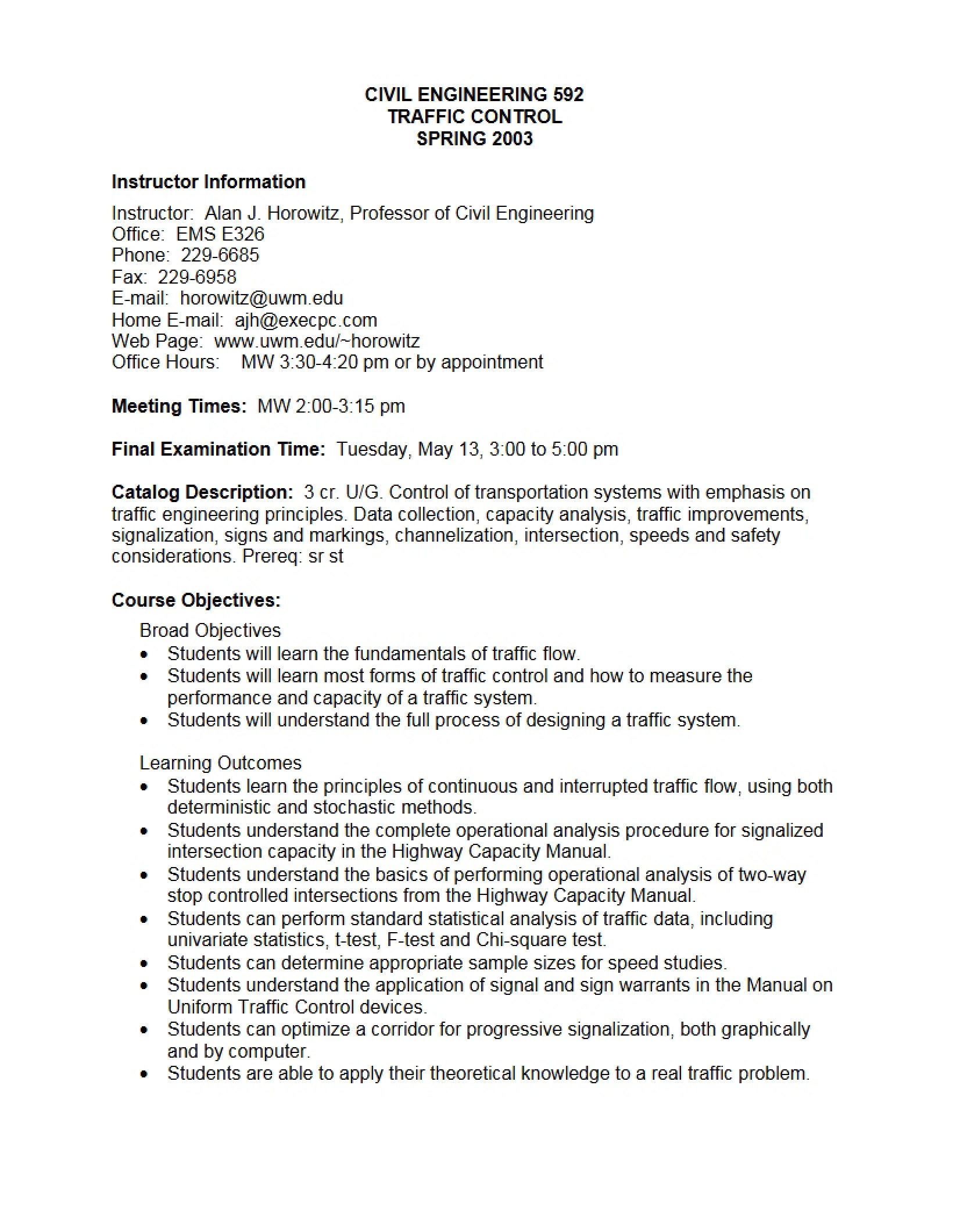 Syllabus for Traffic Control