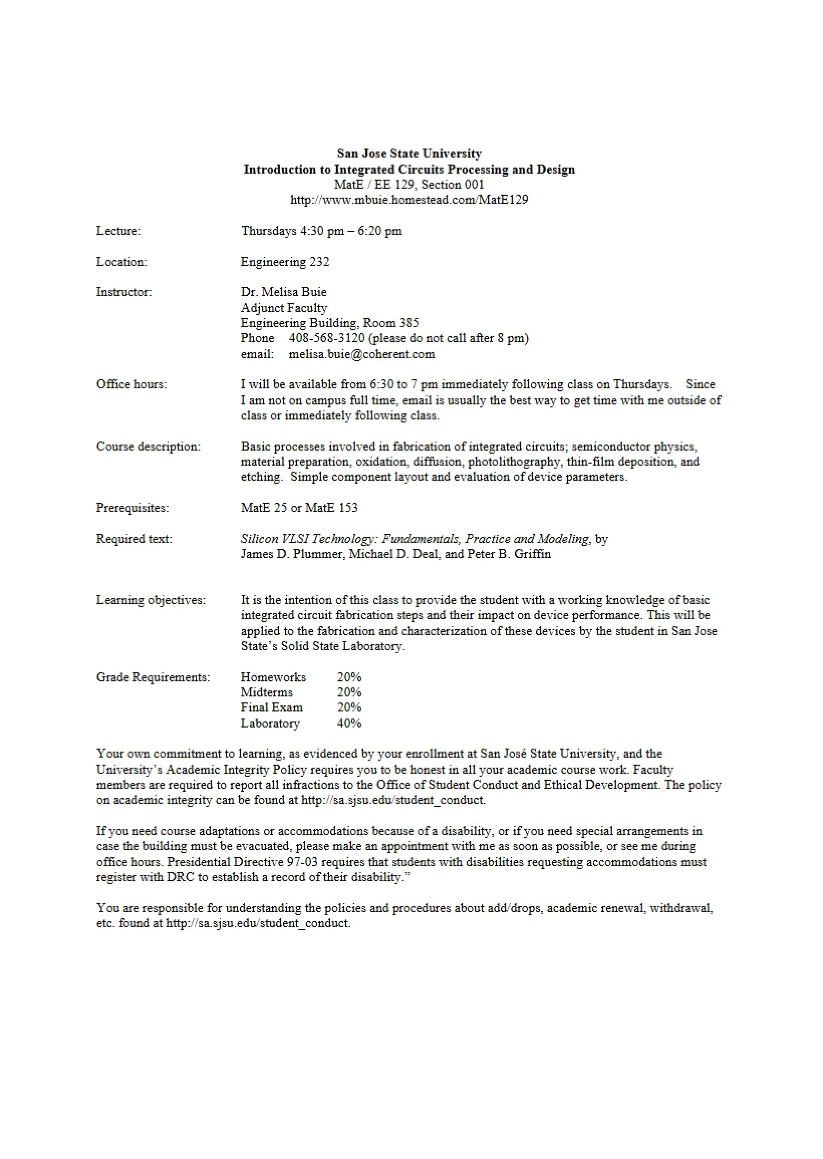 Syllabus for IC Processing and Design