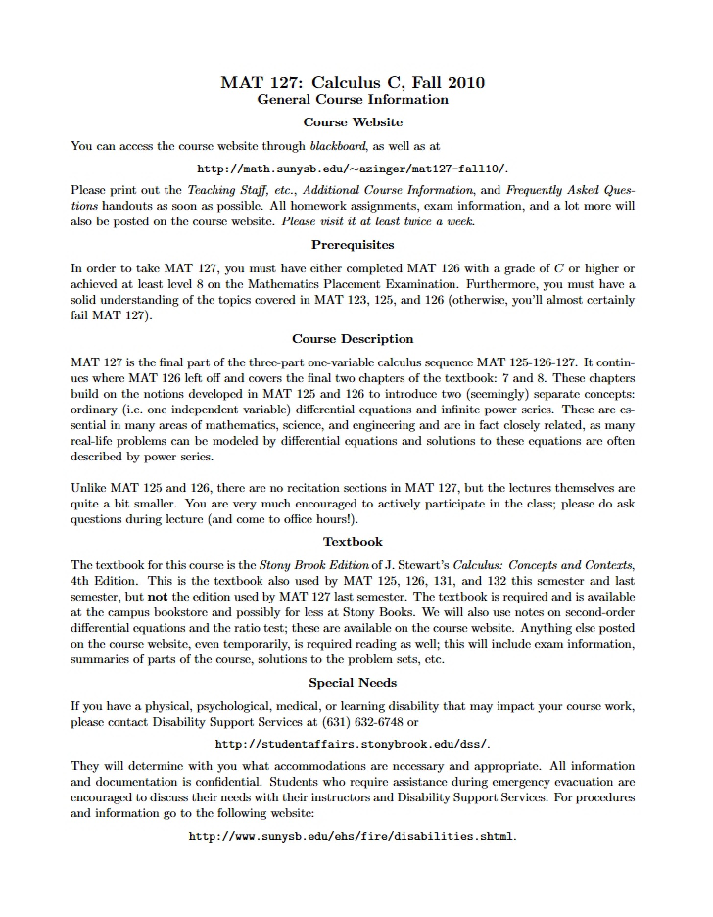 Course Info for MAT 127