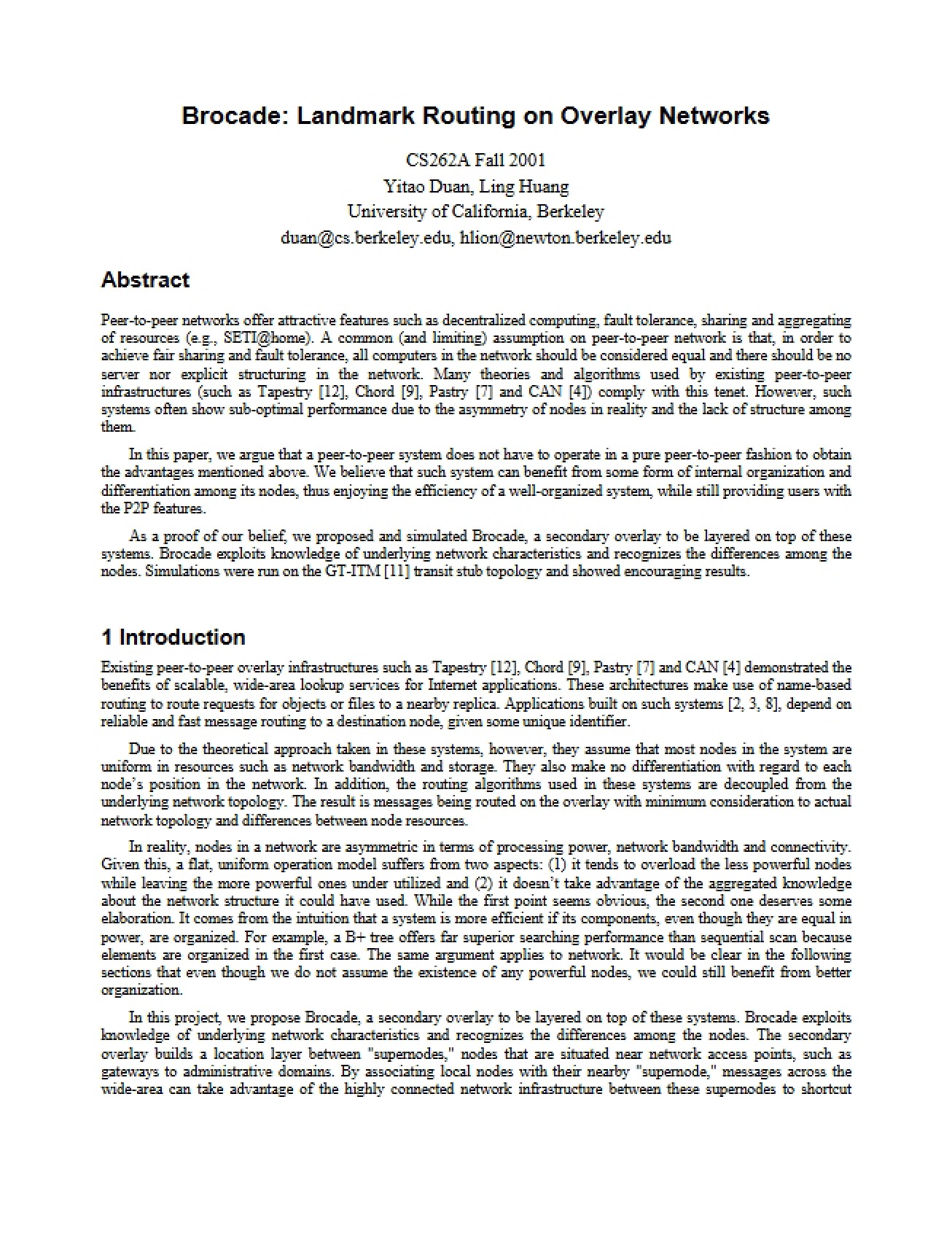 Landmark Routing on Overlay Networks (Brocade)