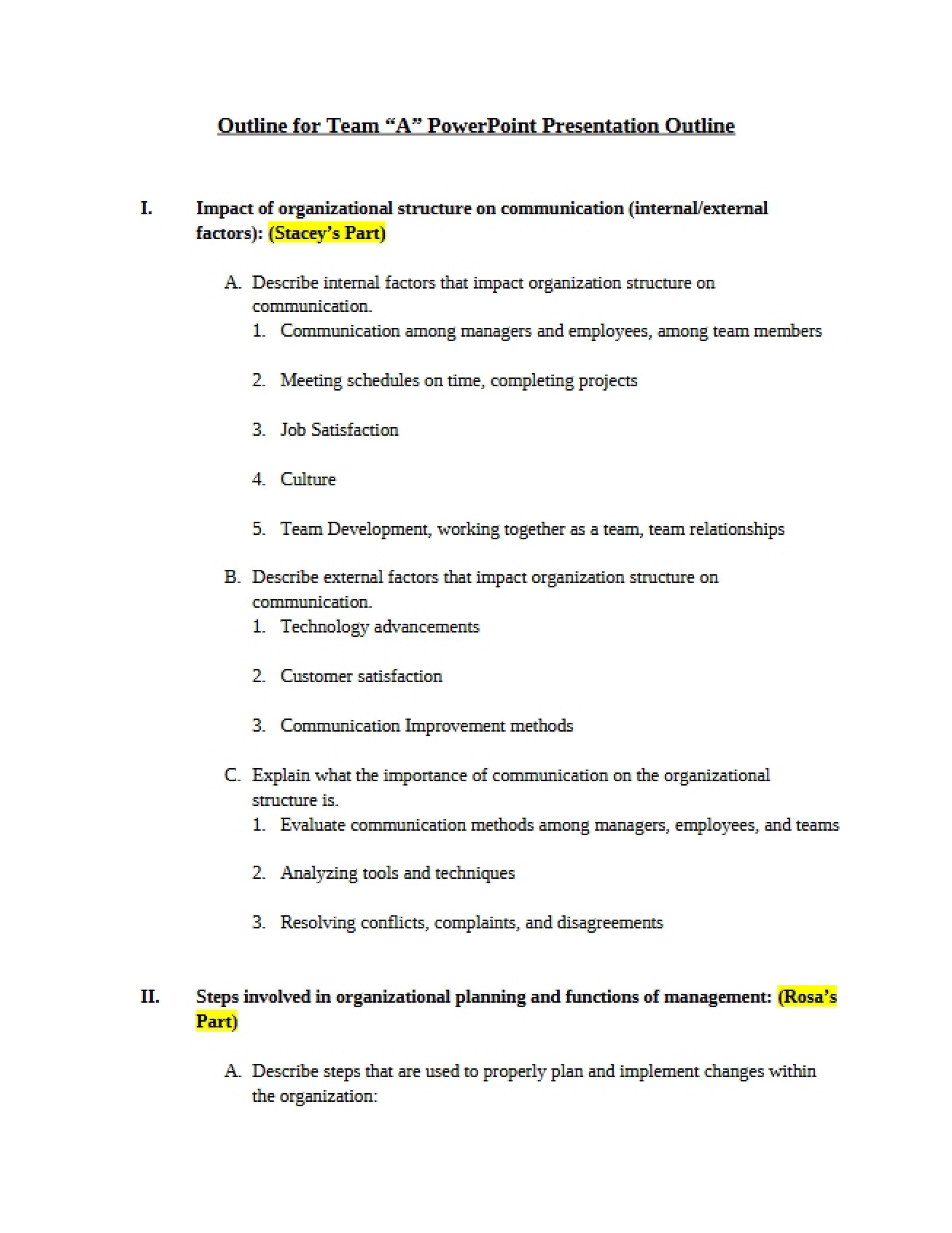 Team 'A' Presentation Outline