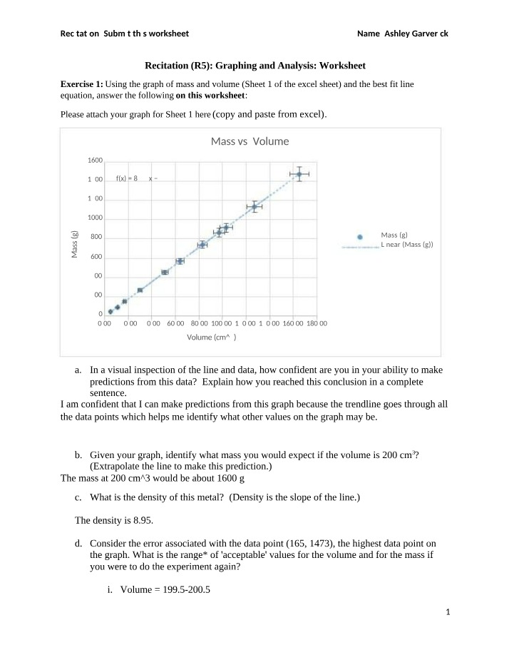 Worksheet for Graphing and Analysis