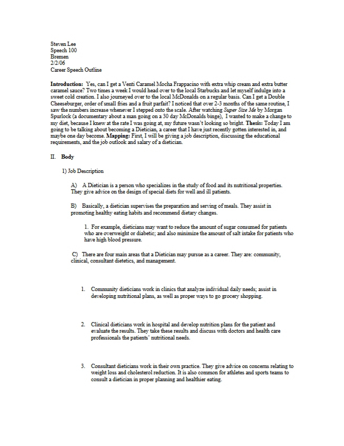 Career-Focused Speech Presentation Outline