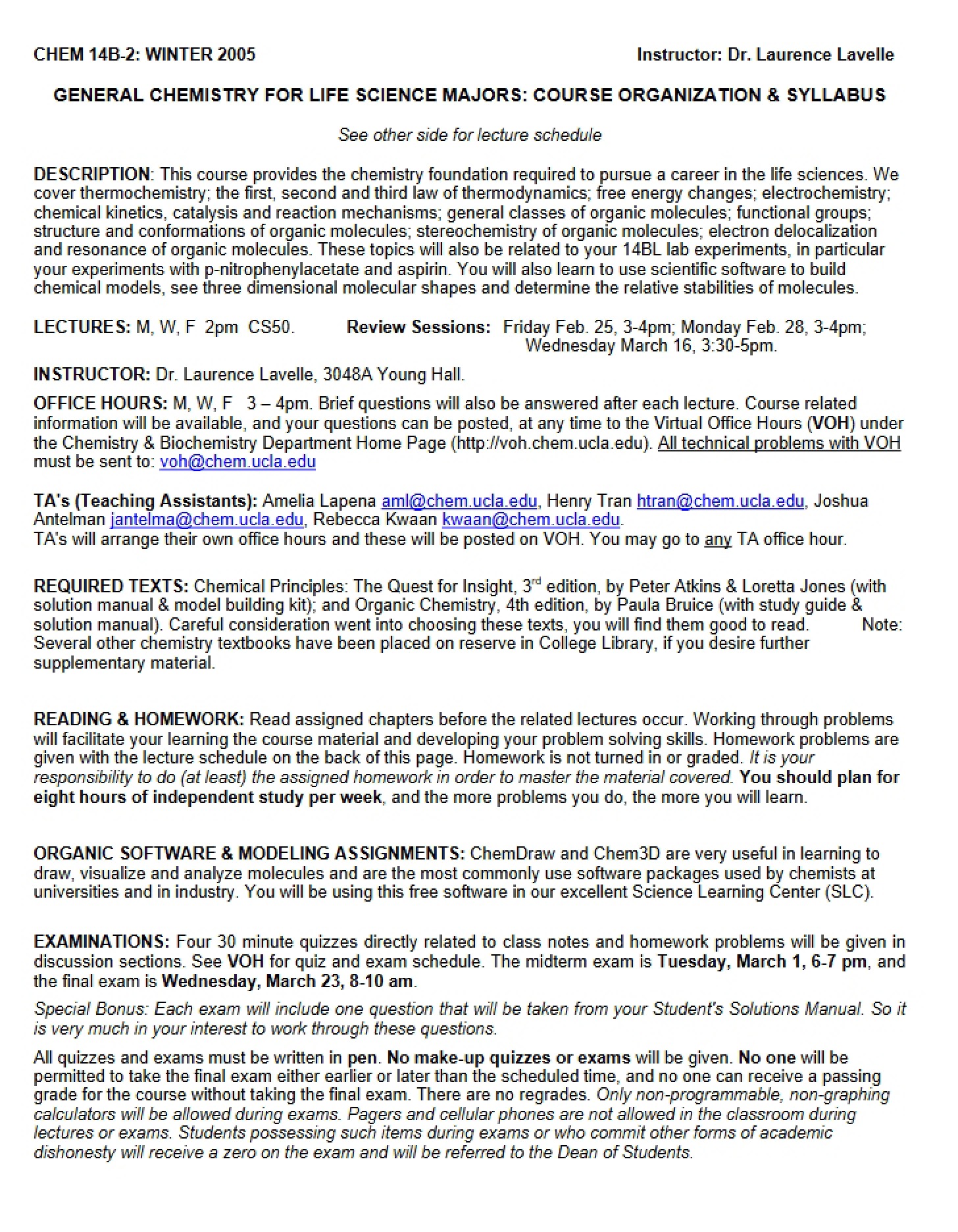 Chemistry 14B Syllabus 2 - Thermodynamics, Electrochemistry, Kinetics, and Organic Chemistry