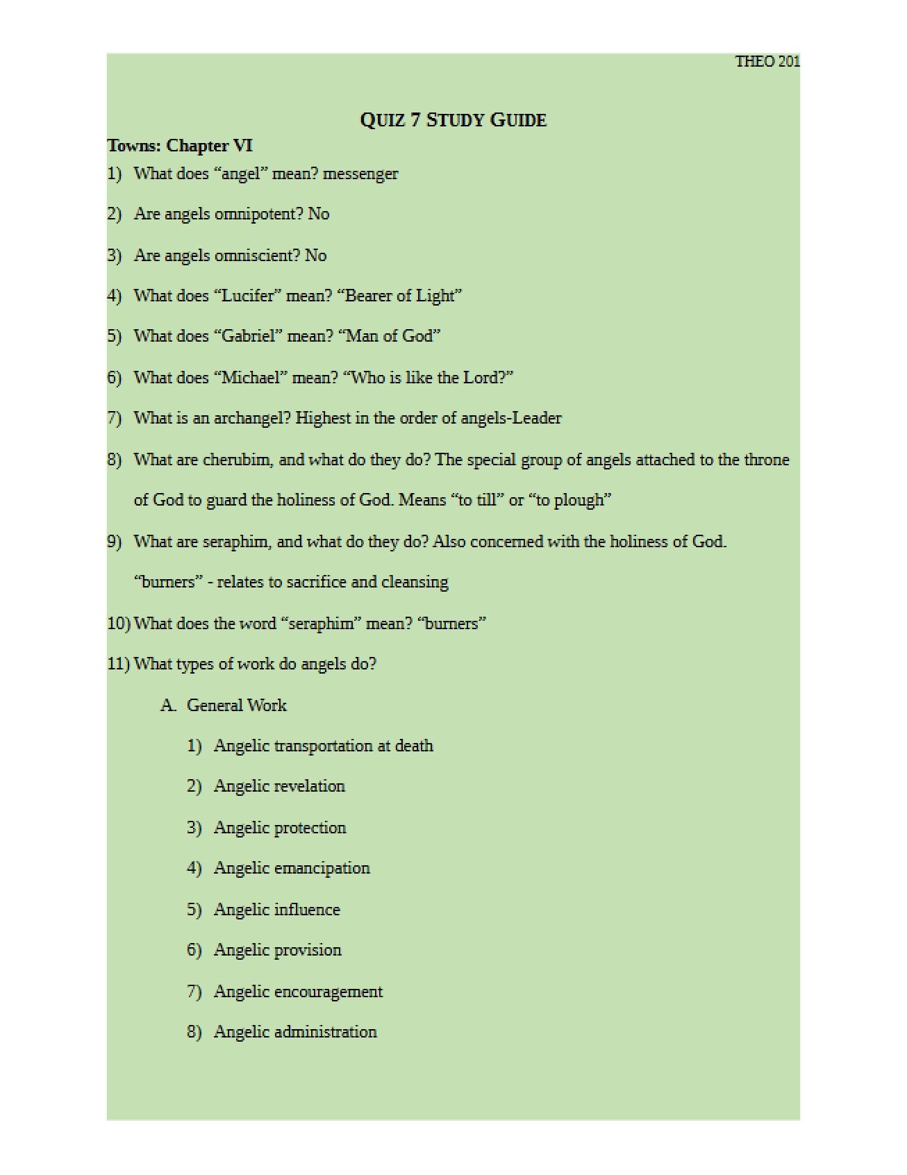 Seventh Quiz Study Guide for Theology Survey