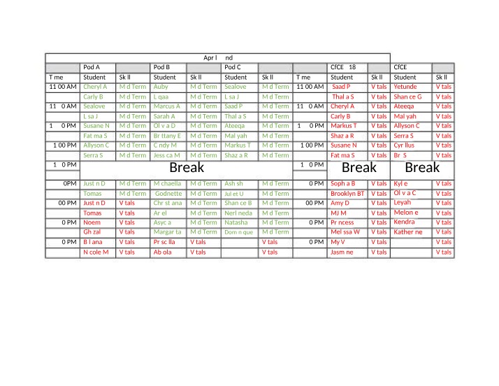 April 22nd Midterm Schedule - Pods A and B