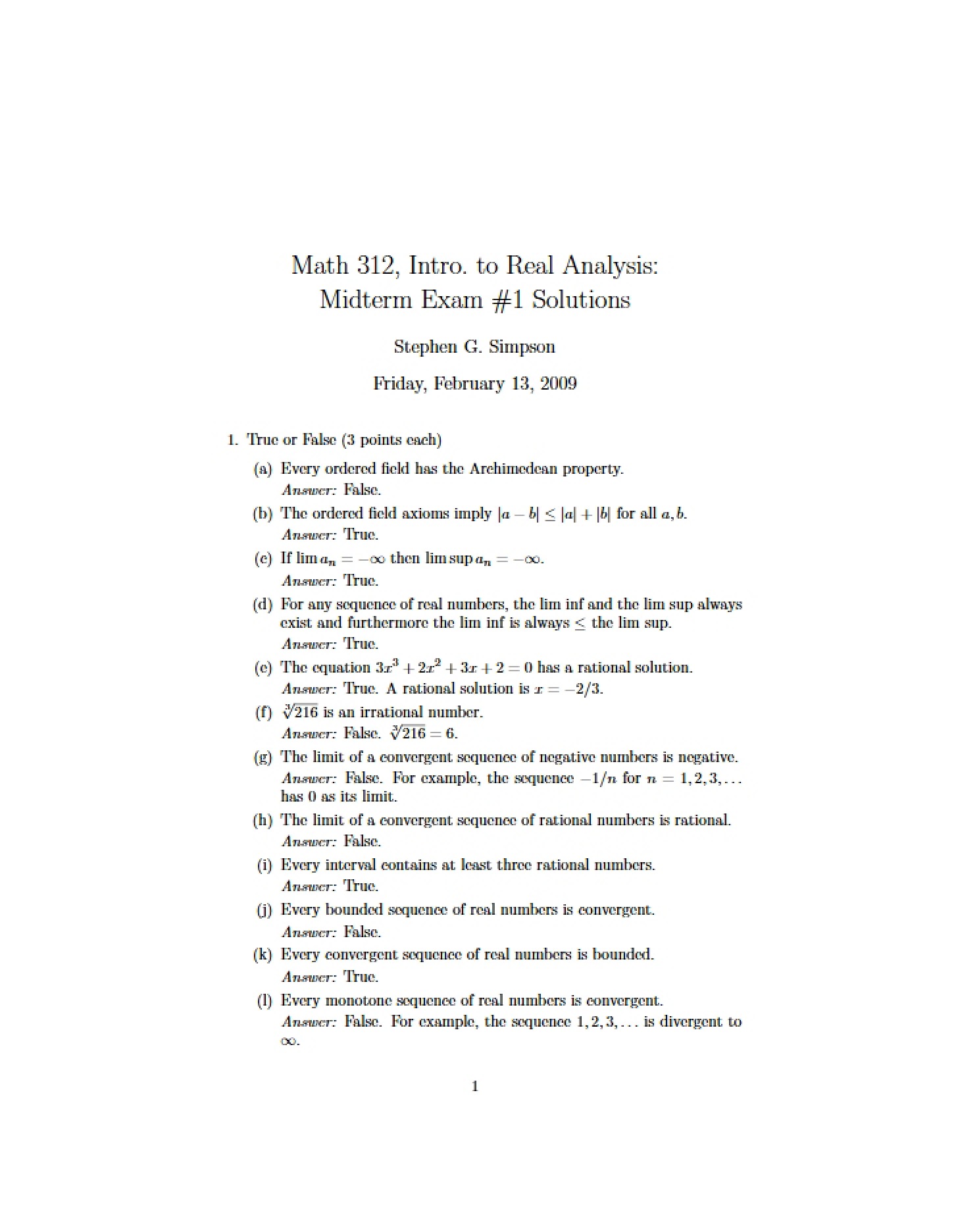Analysis of Real Numbers - MATH 312