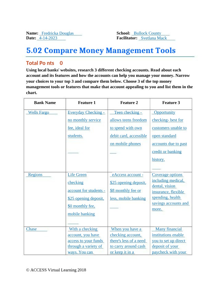 Money Management Tools Comparison - Wells Fargo, Regions, Chase