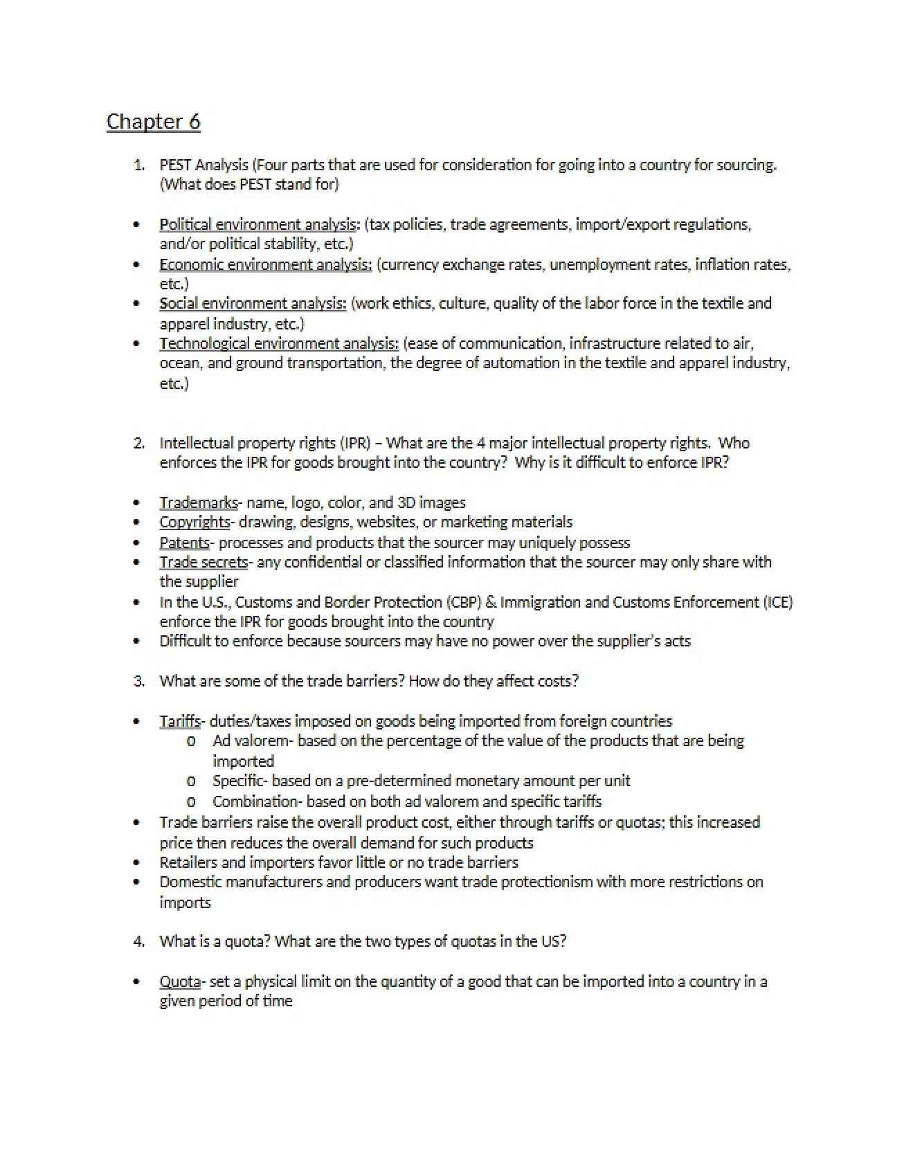 Sixth Chapter Notes on Global Sourcing
