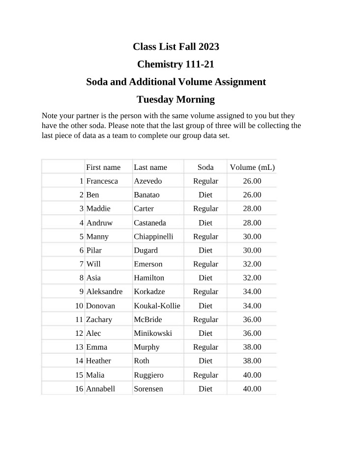Chemistry 111-21 Assignment - Soda and Additional Volume