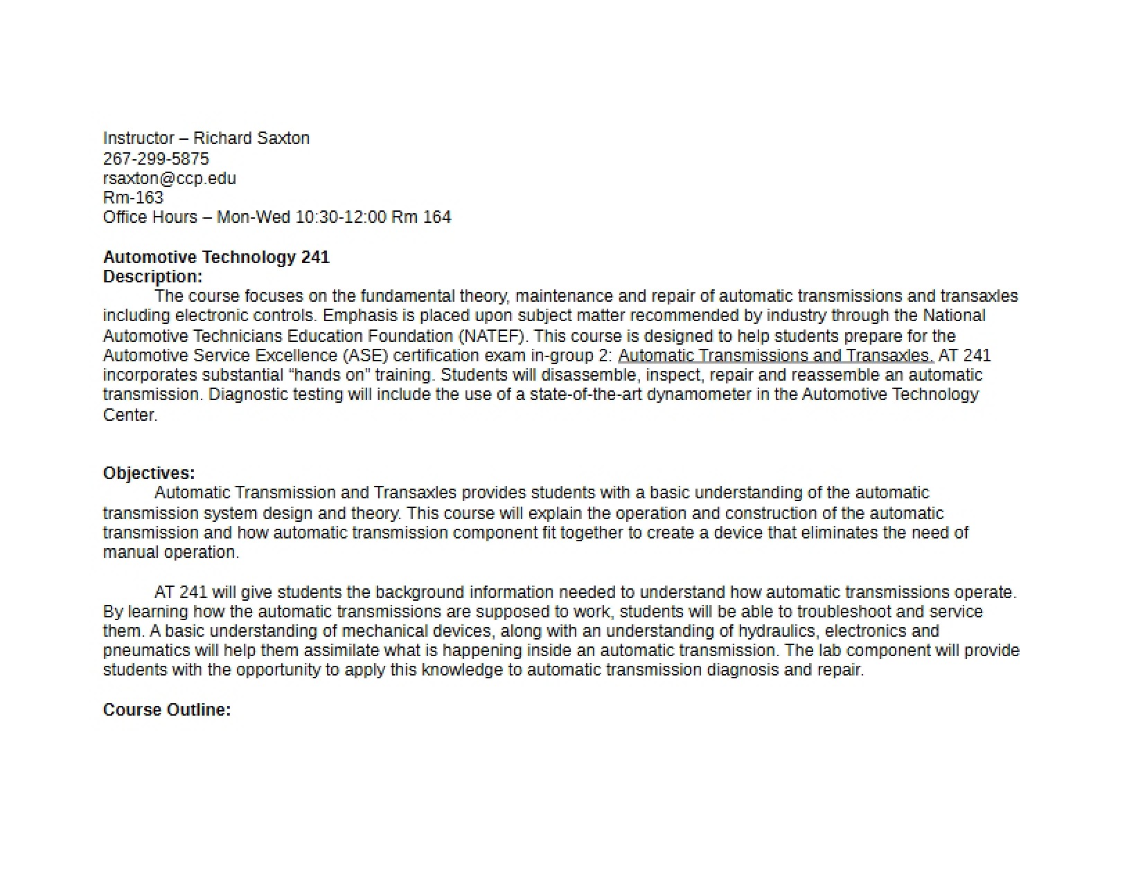 Automotive Transmissions Syllabus