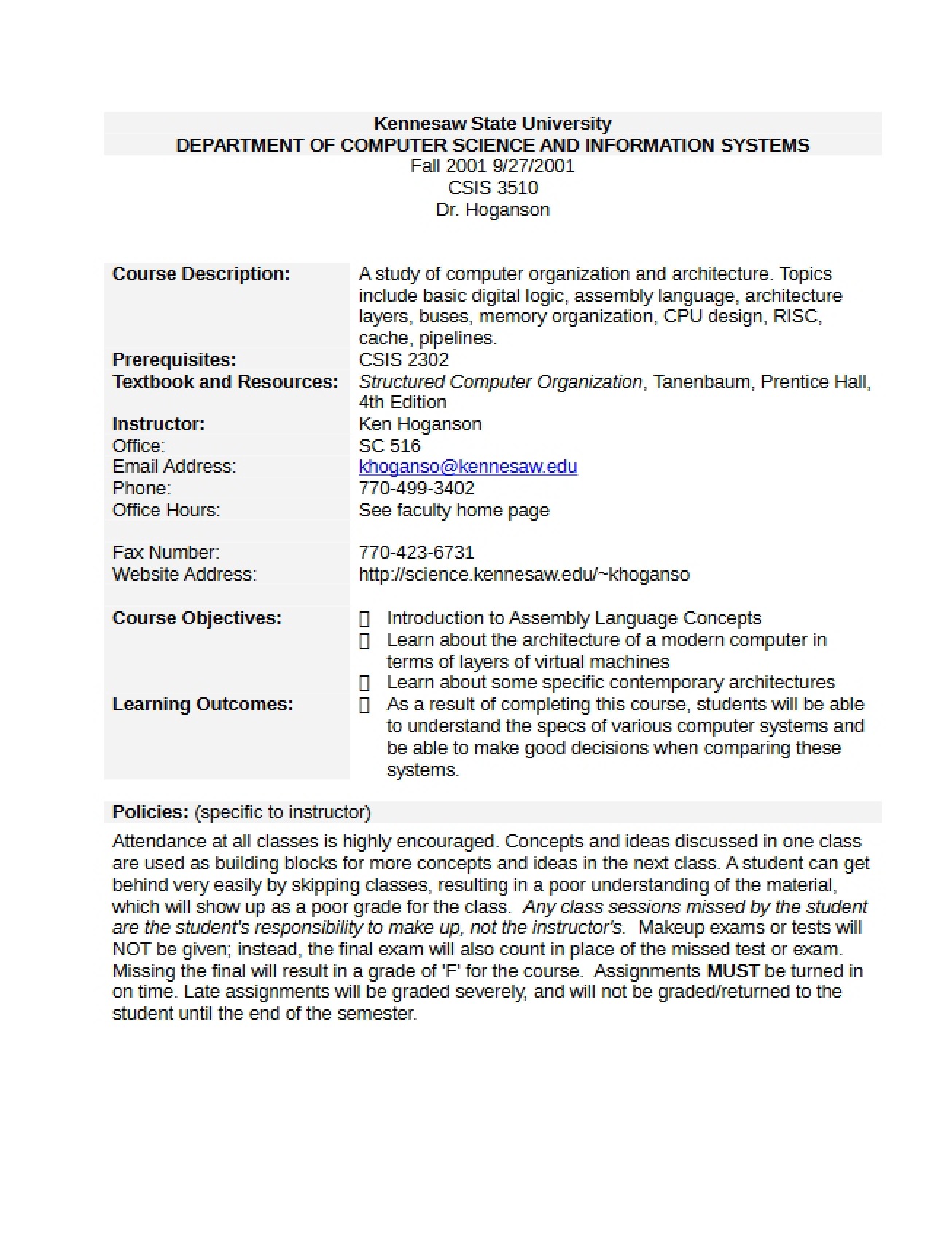 Course Structure and Policy Document
