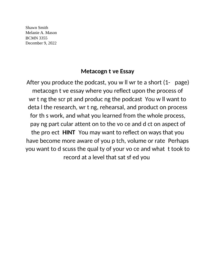 Assignment - Metacognitive Essay