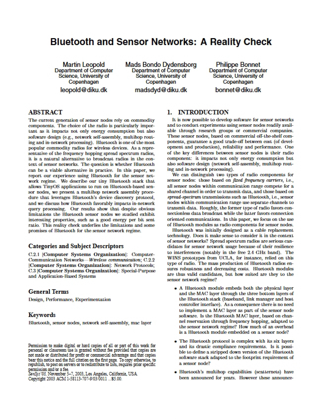 Introduction to Sensor Networks and Bluetooth