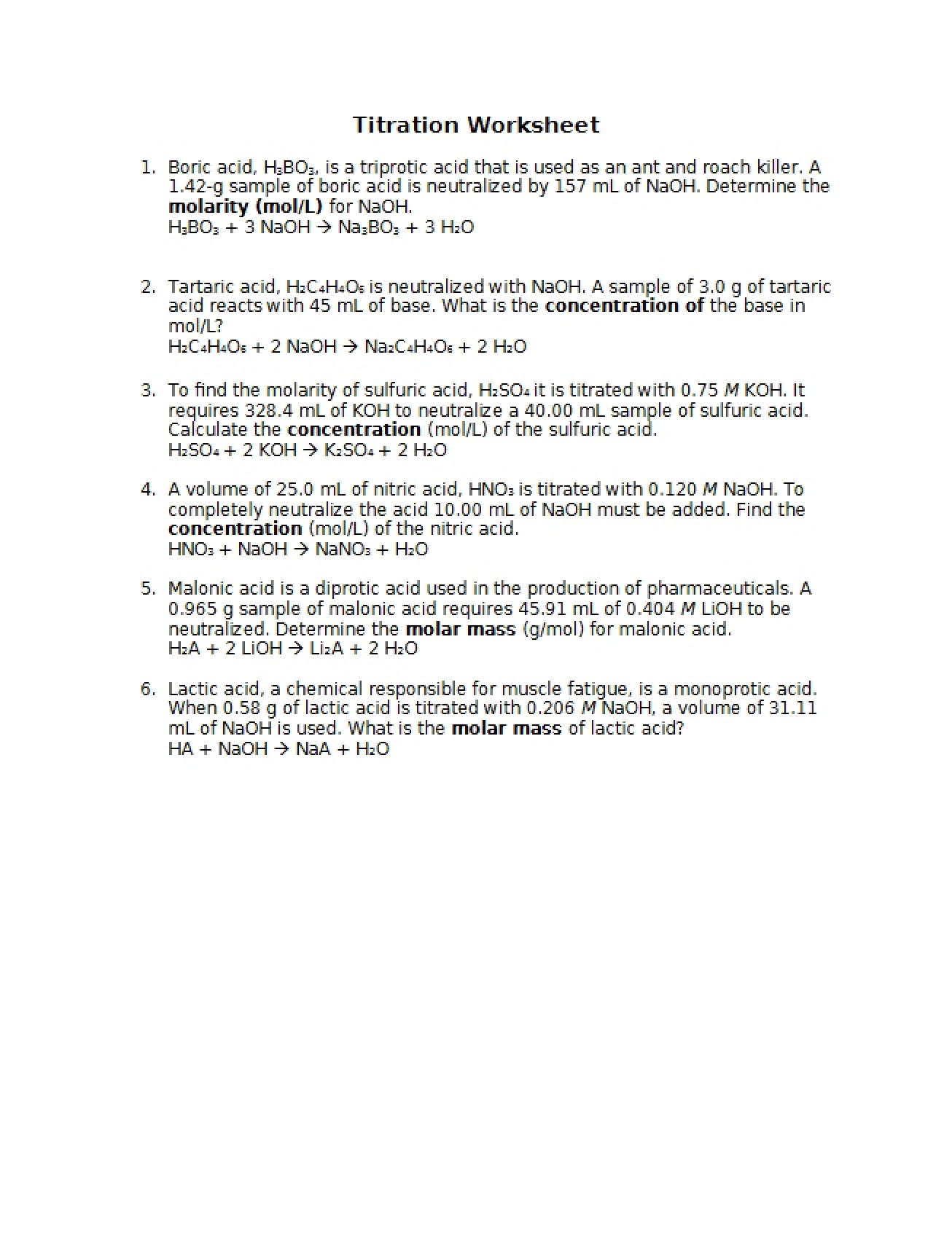 Worksheet on Titration