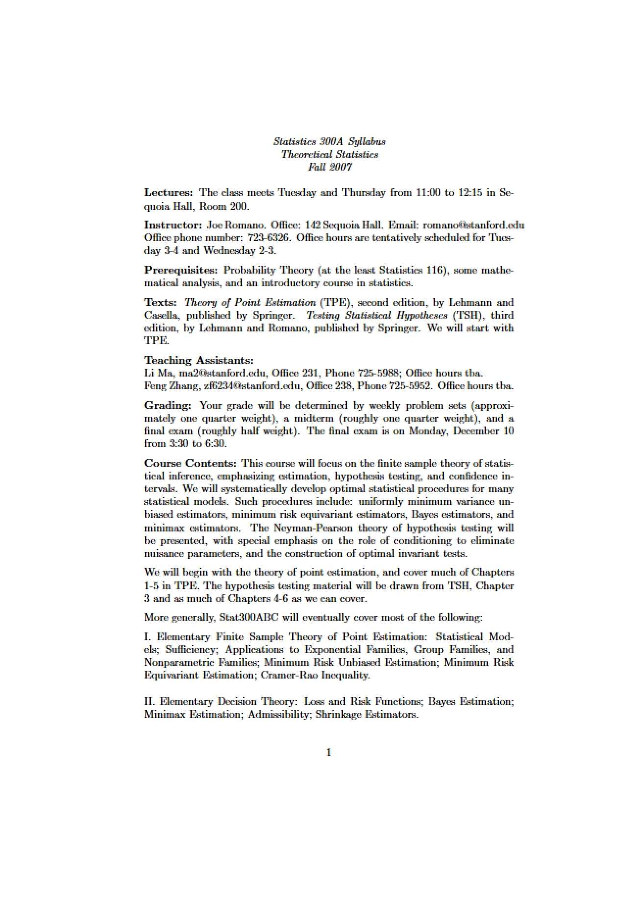 Syllabus for Advanced Topics in Statistics
