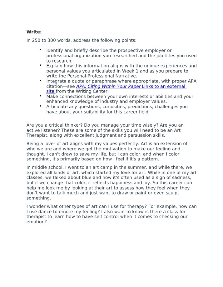 Assignment and Reflection on Art Therapy Careers
