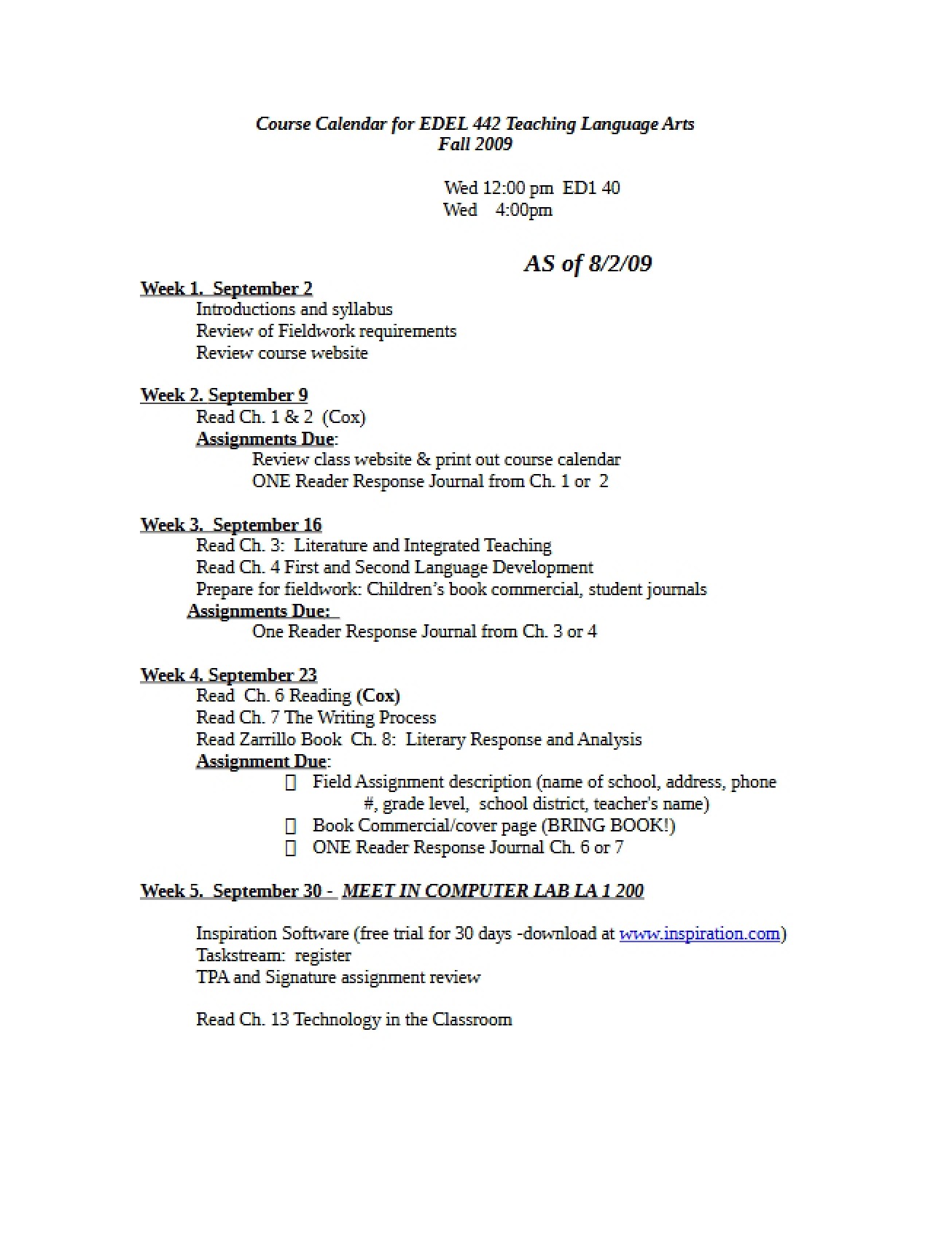 Fall 2009 Course Schedule