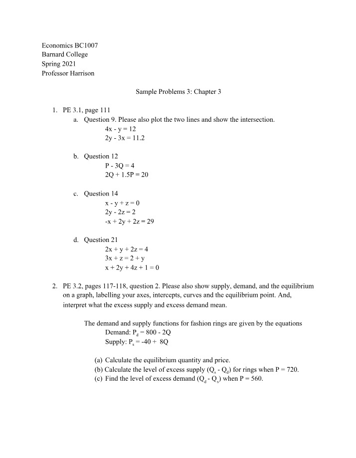 ECON BC1007 - Chapter 3 Sample Problems