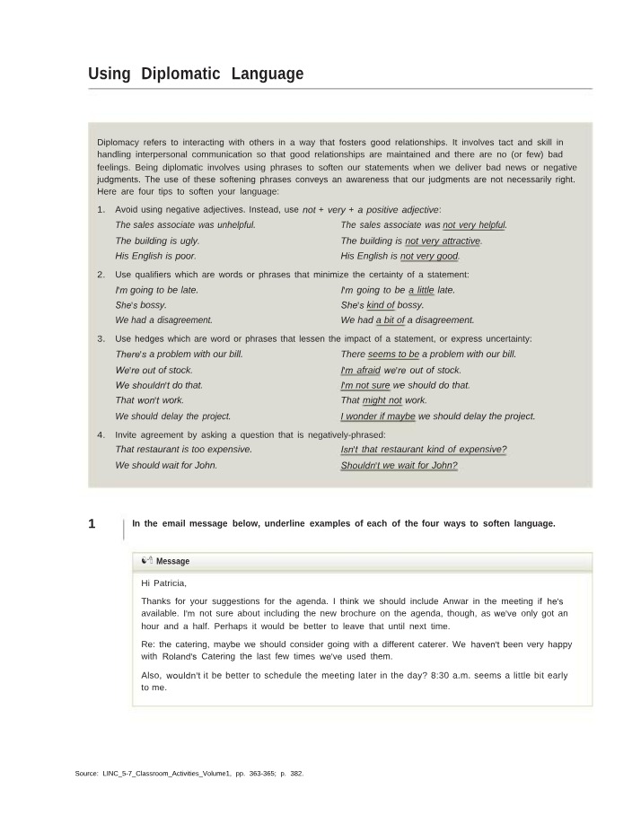 Worksheets - Writing Using Diplomatic Language