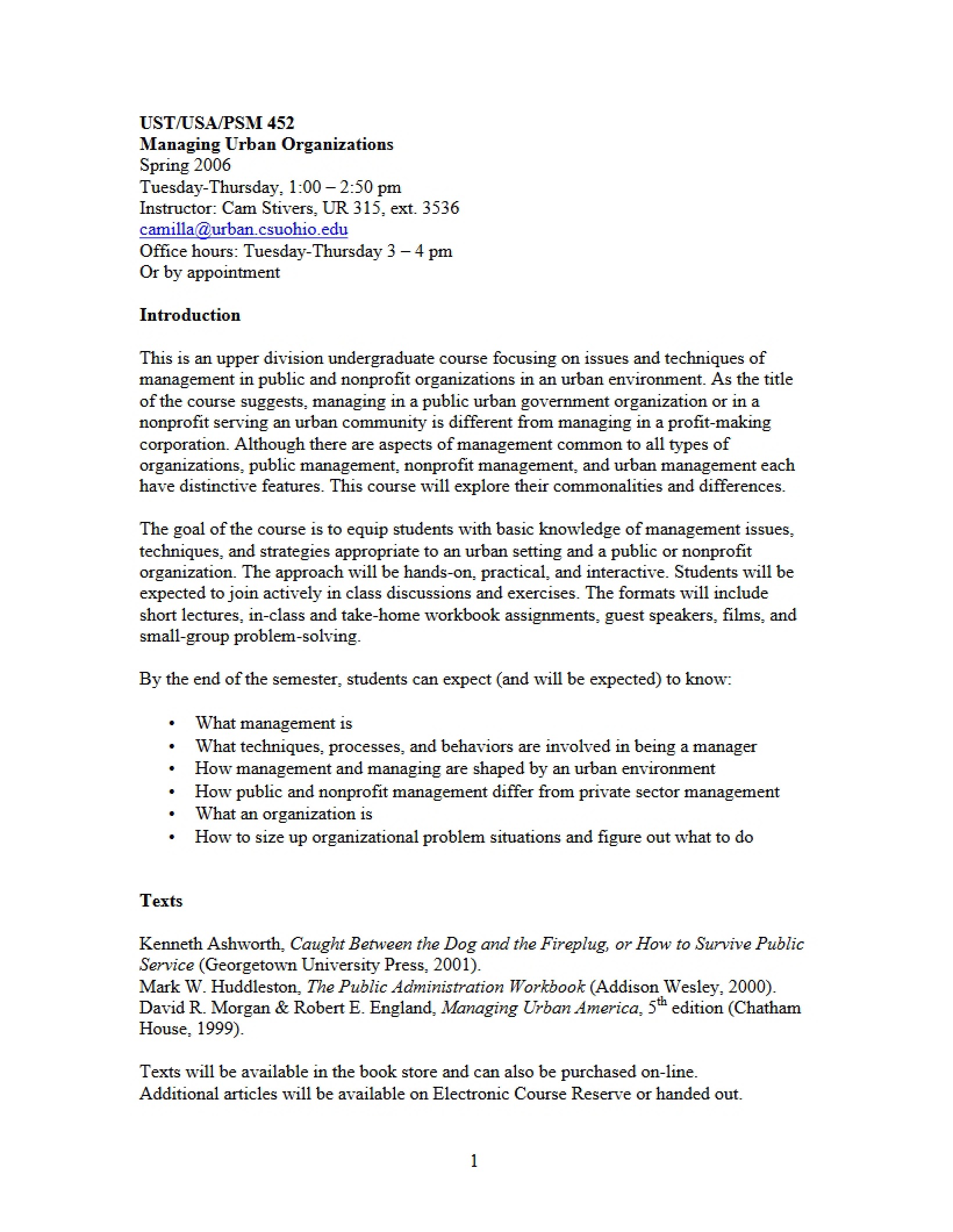 Management of Urban and Nonprofit Organizations Syllabus