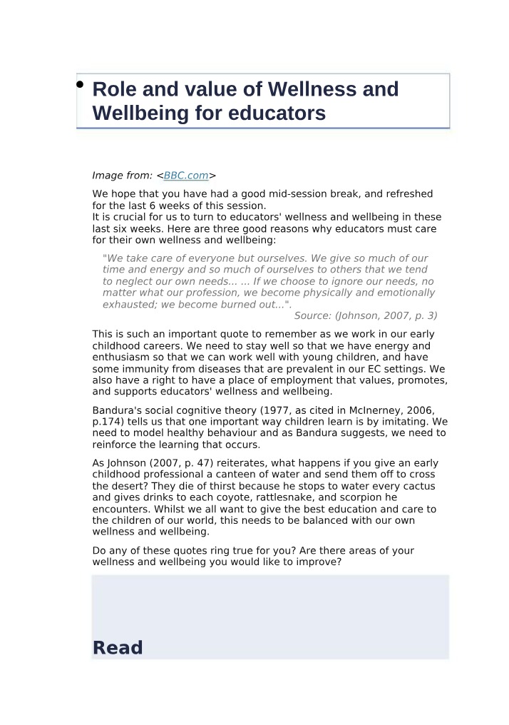 Wellness and Wellbeing for Educators - Role and Value